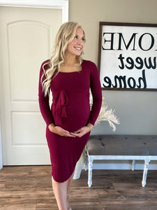 Burgundy Square Neck Midi Dress