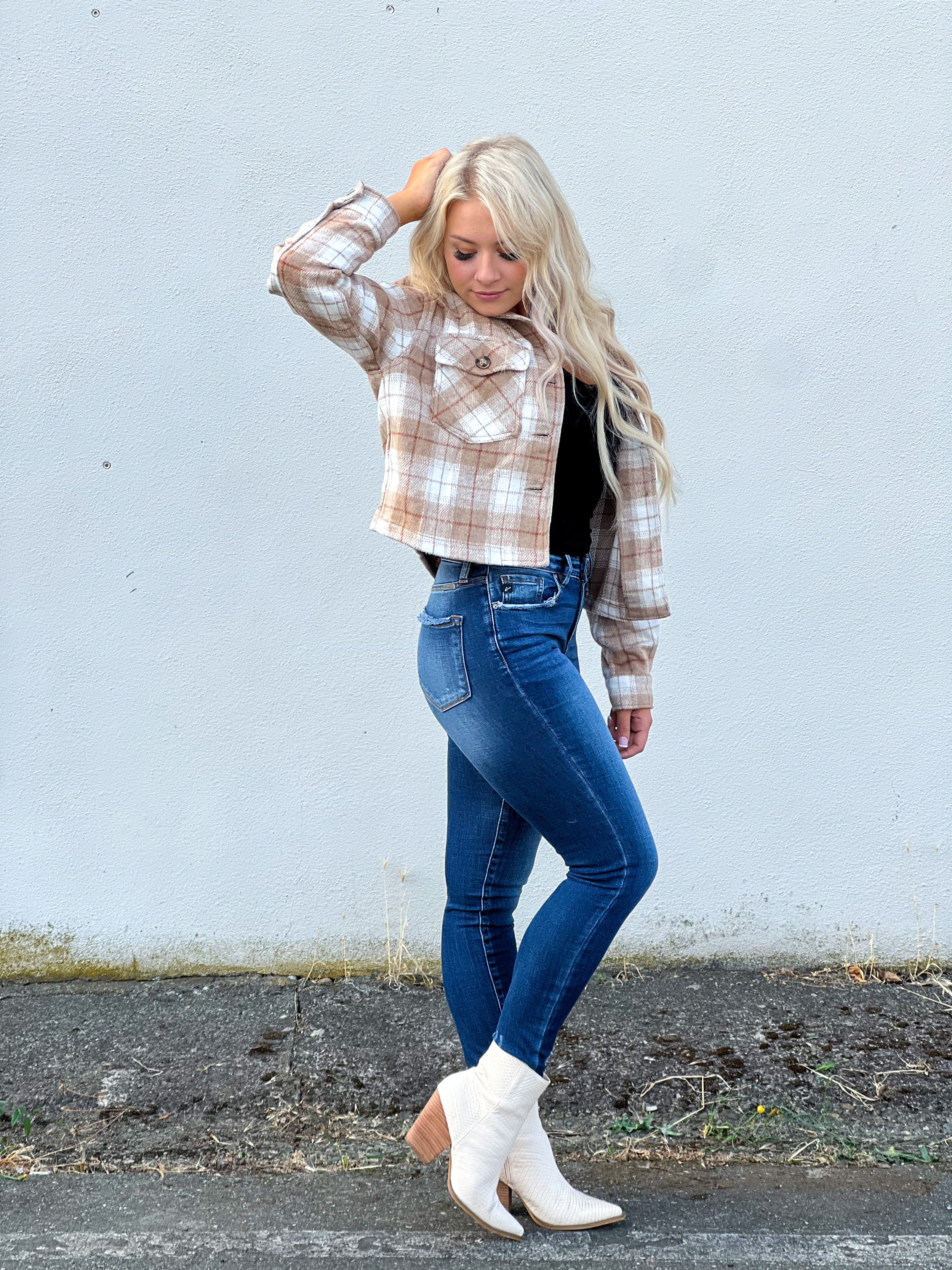 Camel Plaid Button Down Crop Shacket