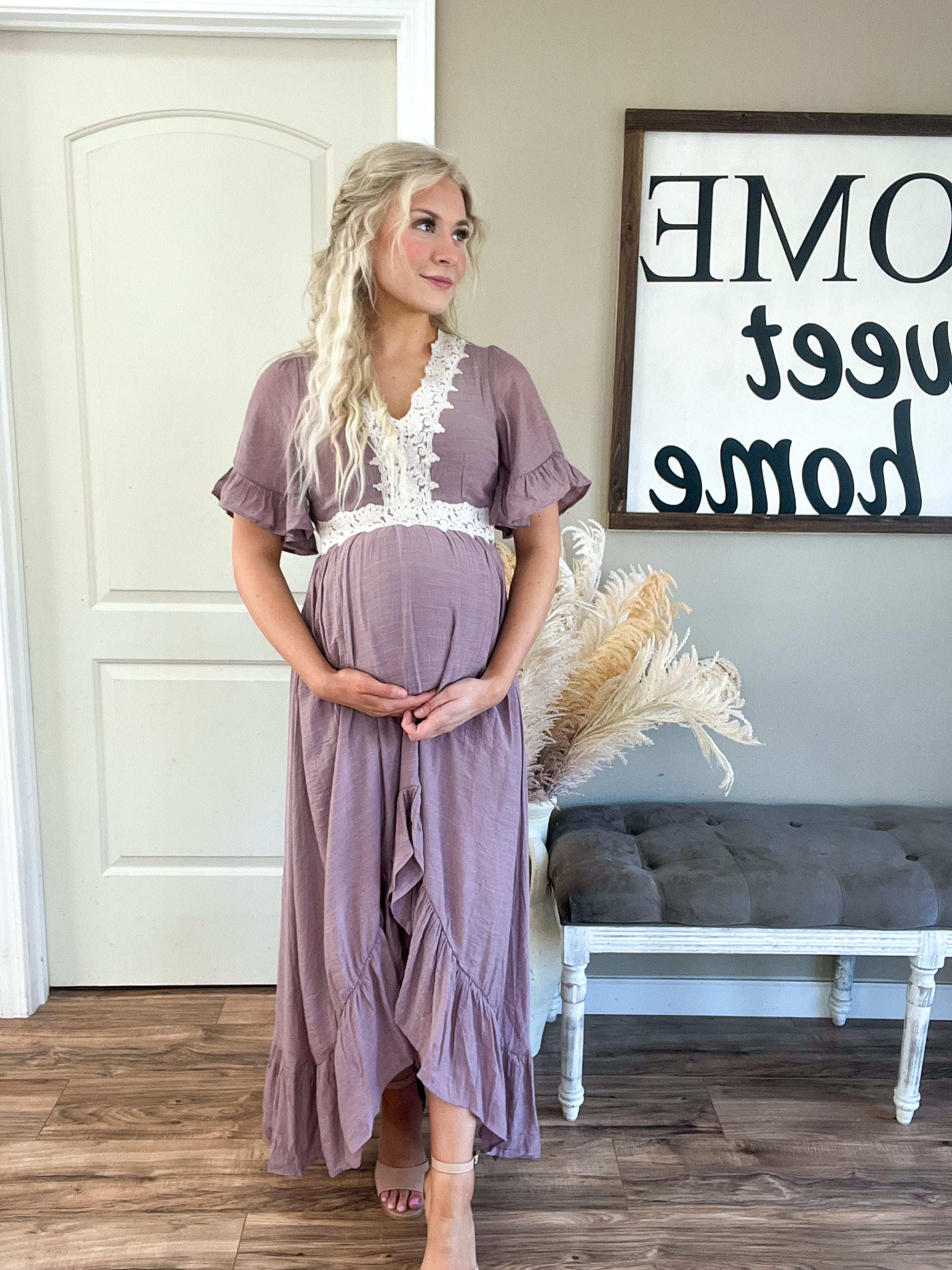 Lace Trim Hi-Low Dress in Mauve Rebel and Blush Lace Trim Hi-Low Dress in Mauve Rebel and Blush