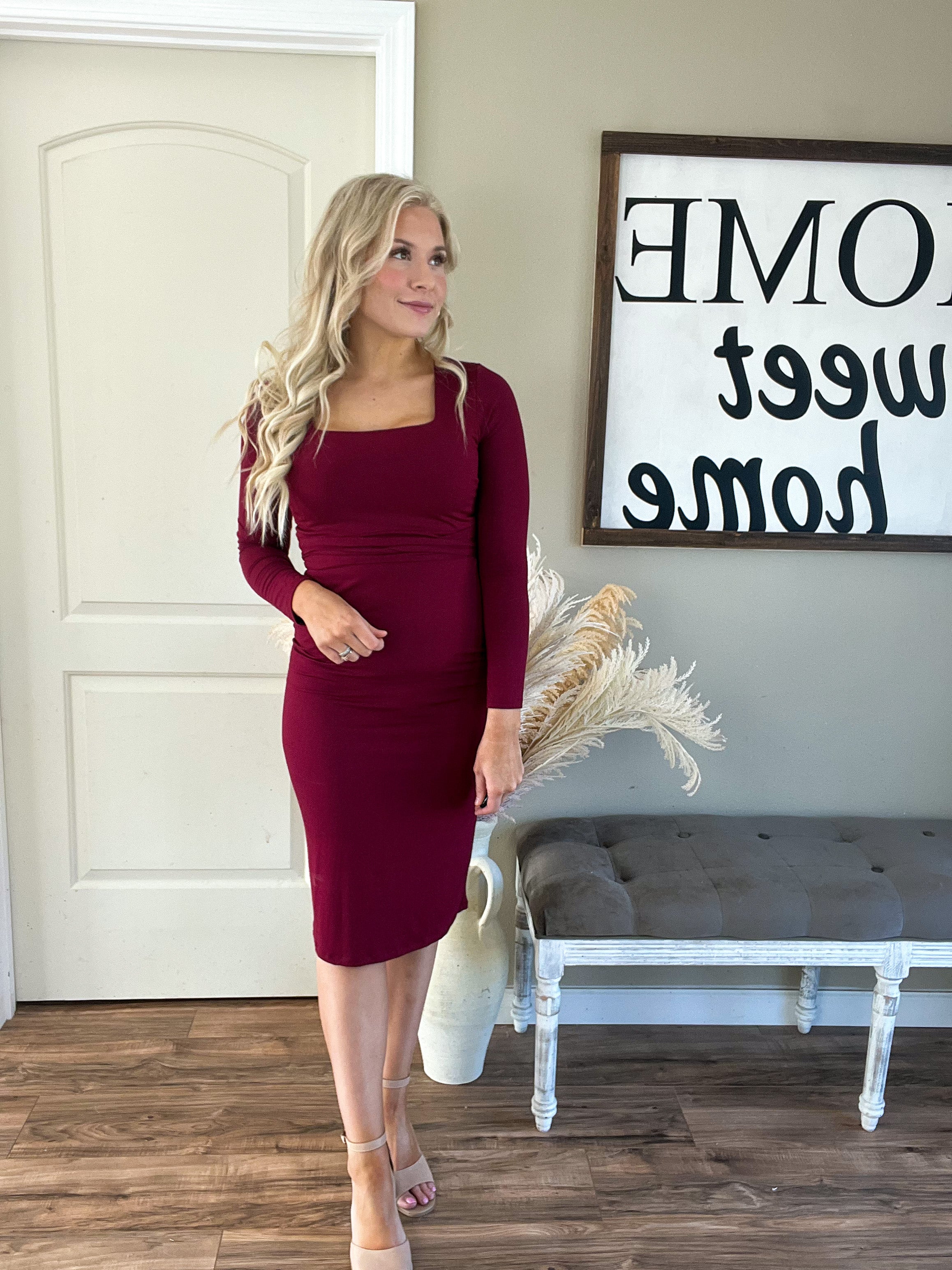 burgundy square neck dress Maids to Measure Bridesmaid square neck flutter sleeve maxi dress in burgundy-Purple