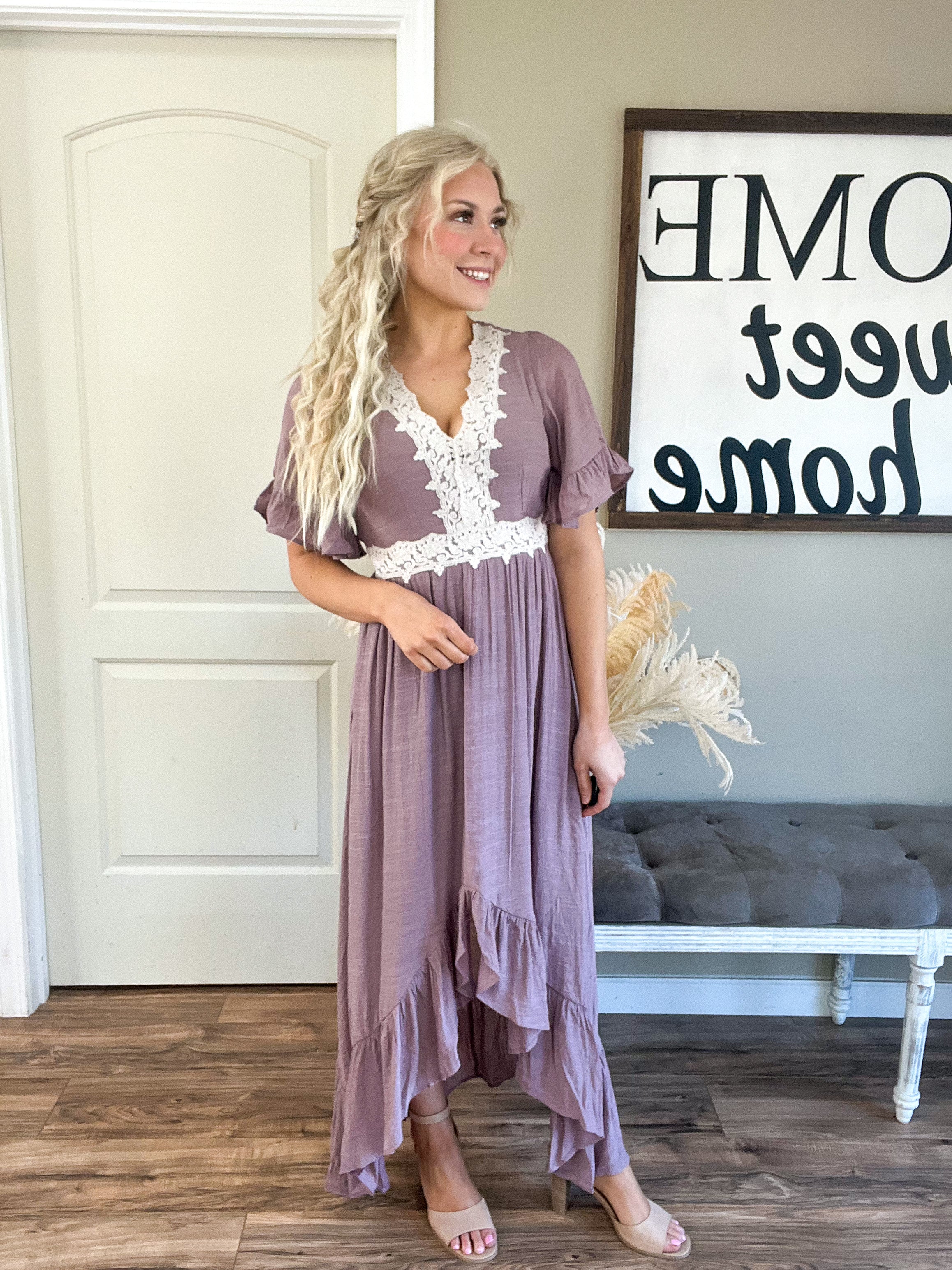 Lace Trim Hi-Low Dress in Mauve Rebel and Blush Lace Trim Hi-Low Dress in Mauve Rebel and Blush