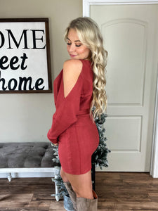 Cold Shoulder Knit Mini Dress in Terracotta Rose