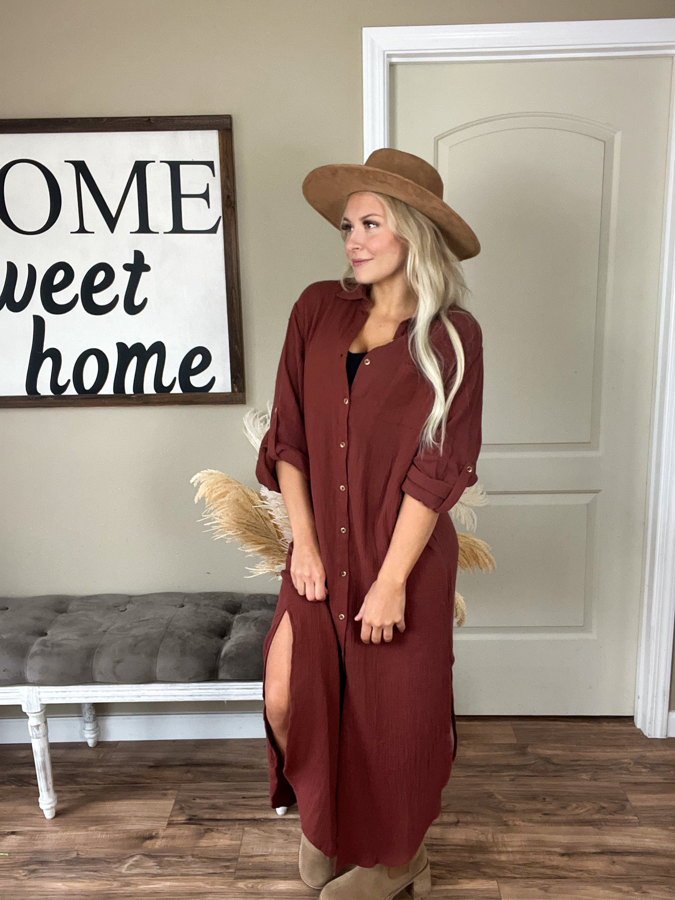 Brick Button Up Maxi Gauze Shirt Dress – Rebel and Blush Brick Button Up Maxi Gauze Shirt Dress – Rebel and Blush