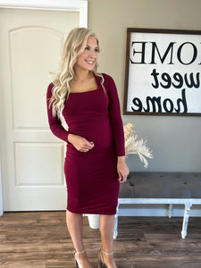 Burgundy Square Neck Midi Dress