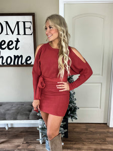 Cold Shoulder Knit Mini Dress in Terracotta Rose