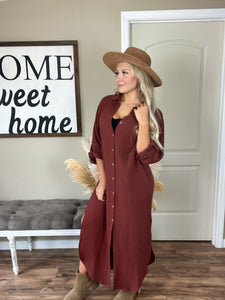 Brick Button Up Maxi Gauze Shirt Dress