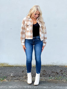 Camel Plaid Button Down Crop Shacket