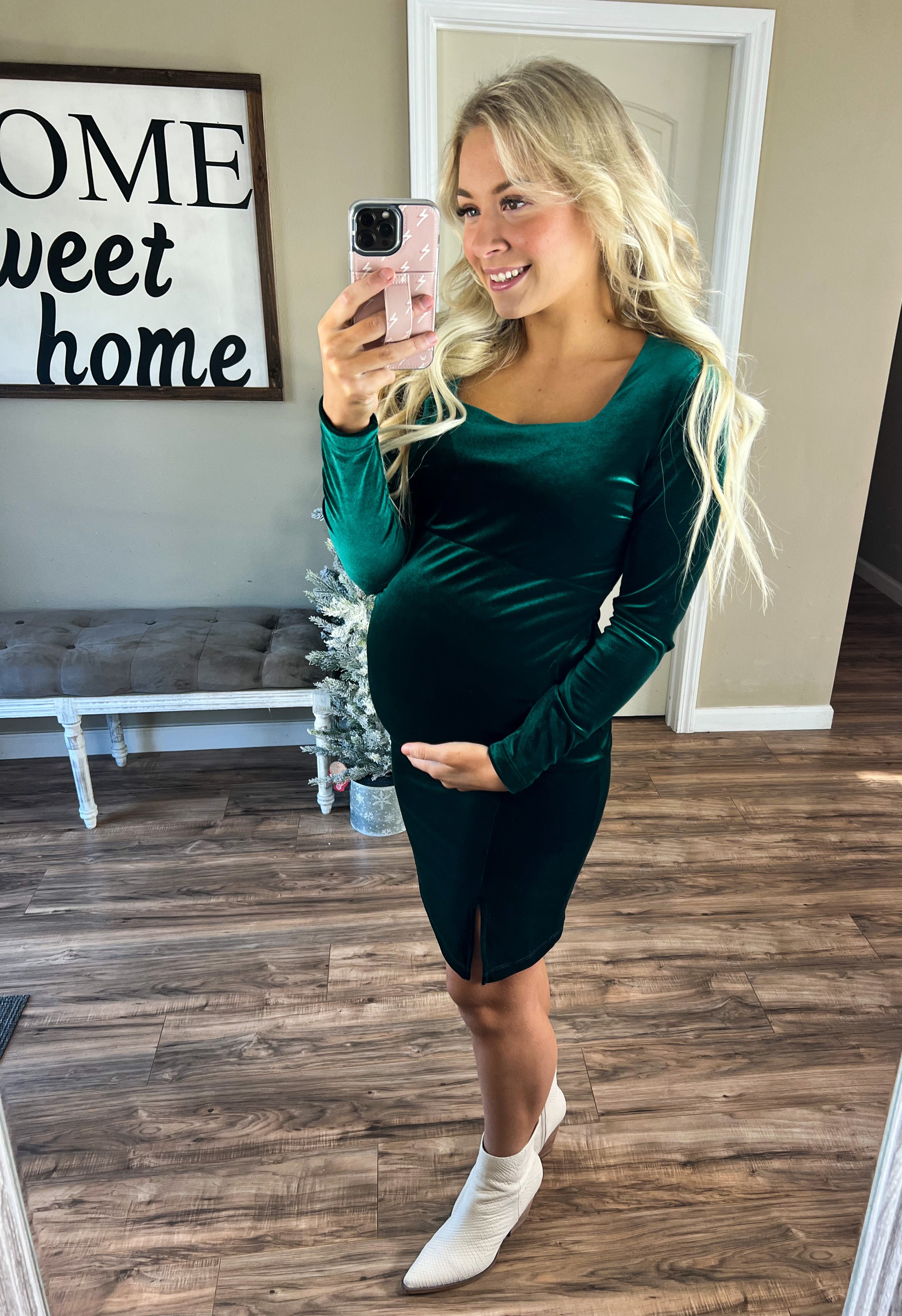 Square Neck Velvet Dress in Hunter Green Rebel and Blush Square Neck Velvet Dress in Hunter Green Rebel and Blush