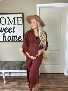 Brick Button Up Maxi Gauze Shirt Dress