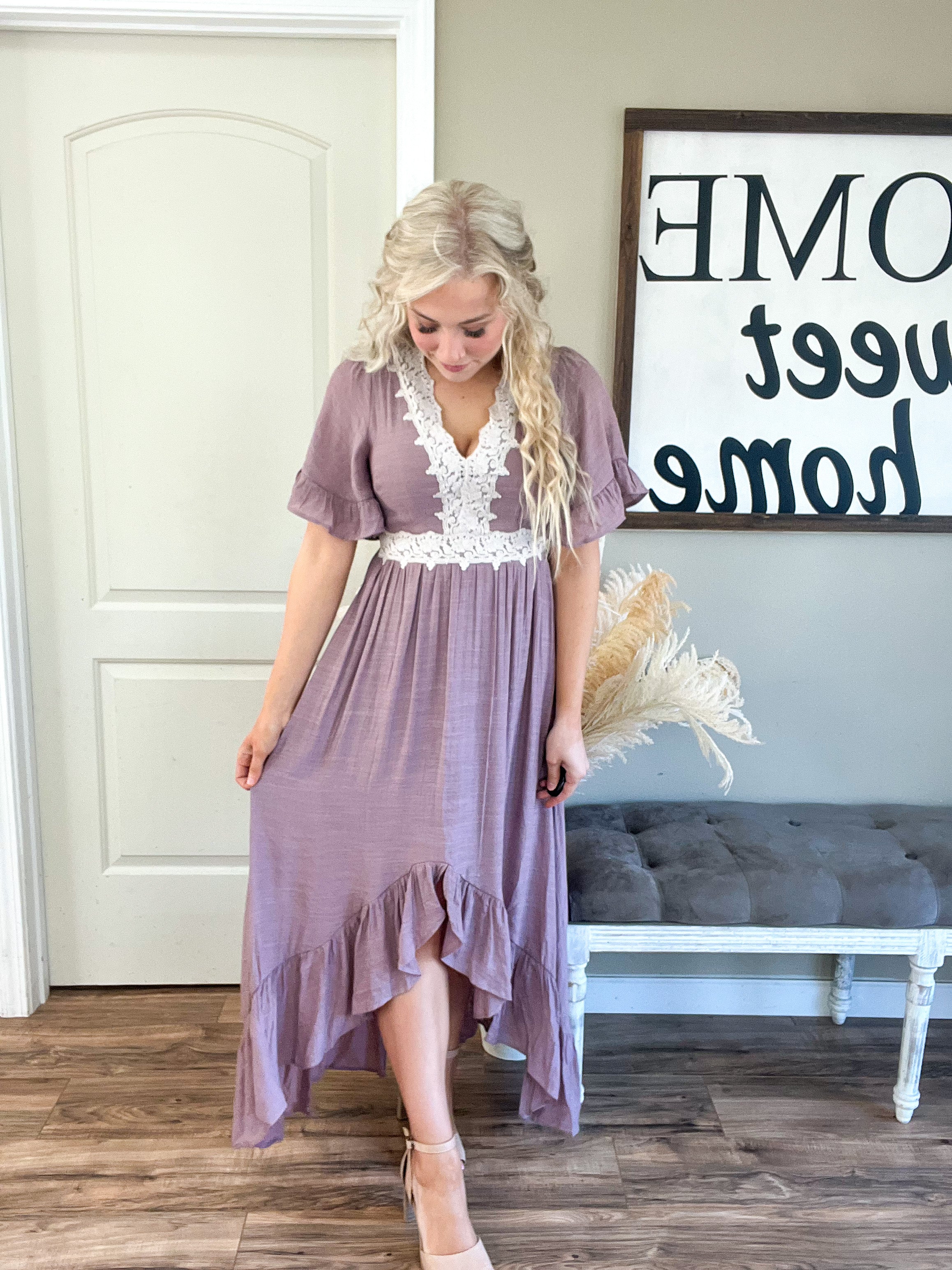 Lace Trim Hi-Low Dress in Mauve Rebel and Blush Lace Trim Hi-Low Dress in Mauve Rebel and Blush