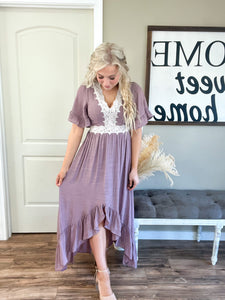 Lace Trim Hi-Low Dress in Mauve Rebel and Blush Lace Trim Hi-Low Dress in Mauve Rebel and Blush