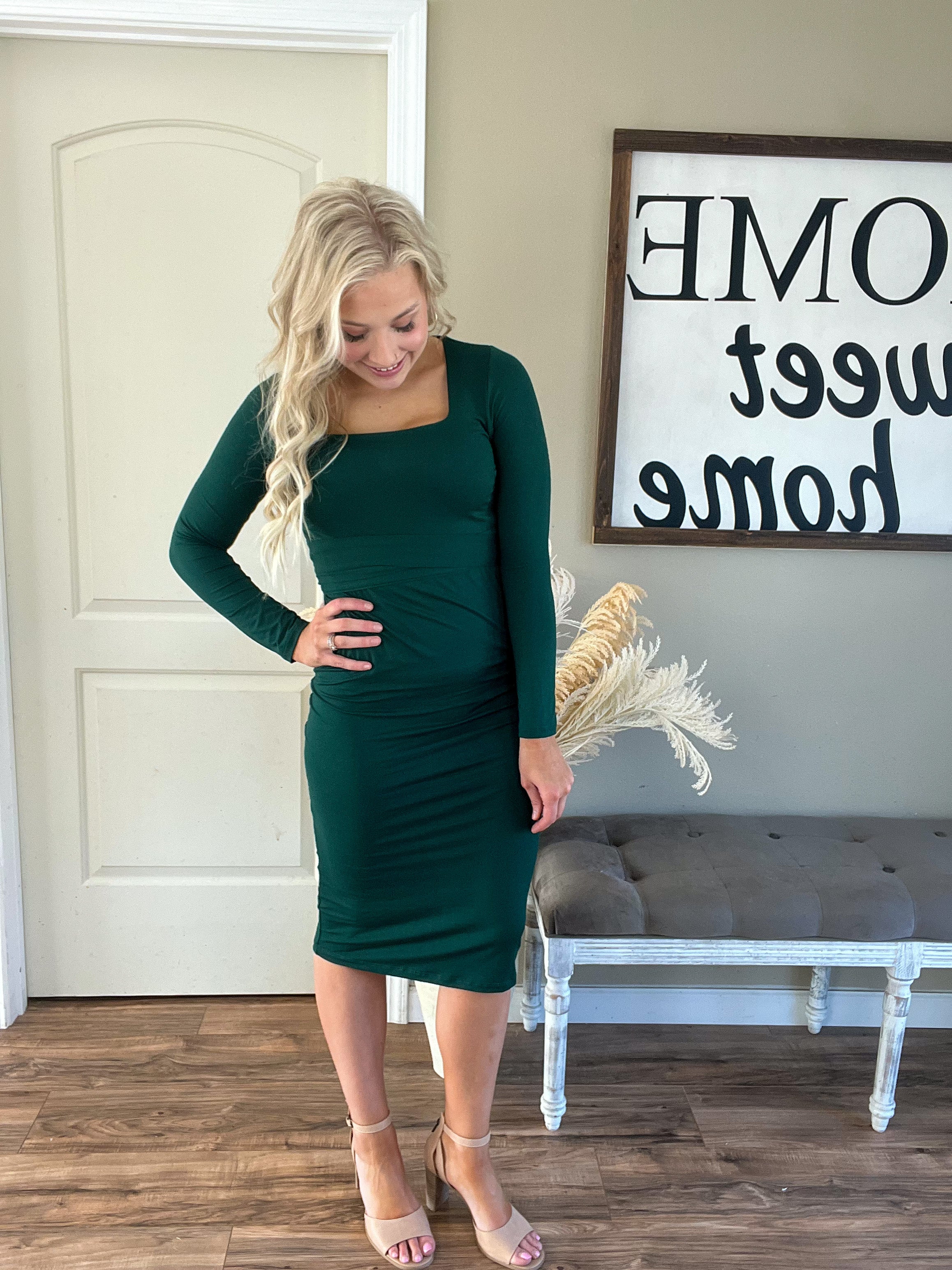 Hunter Green Square Neck Midi Dress