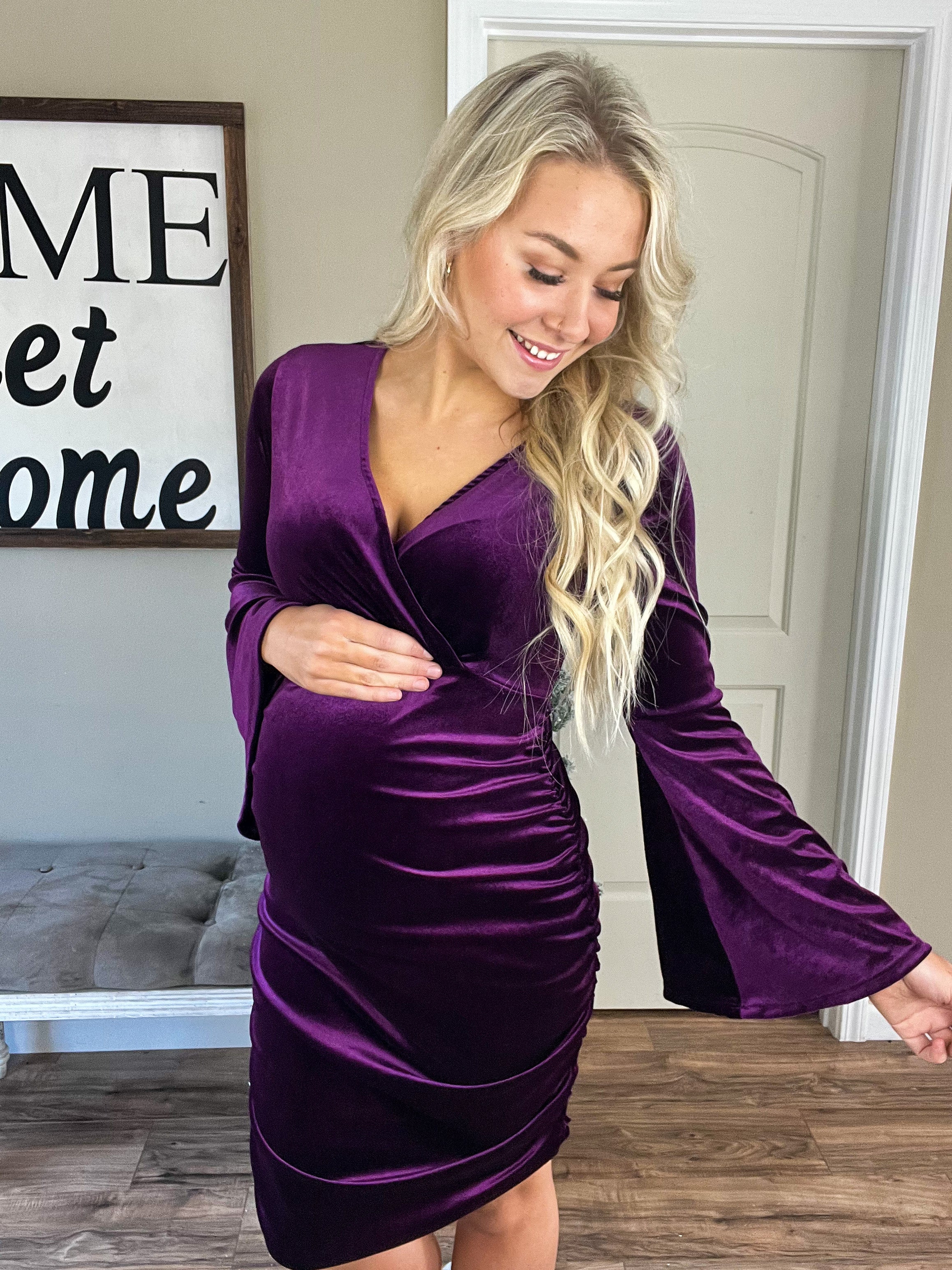 V-Neck Velvet Party Dress in Eggplant