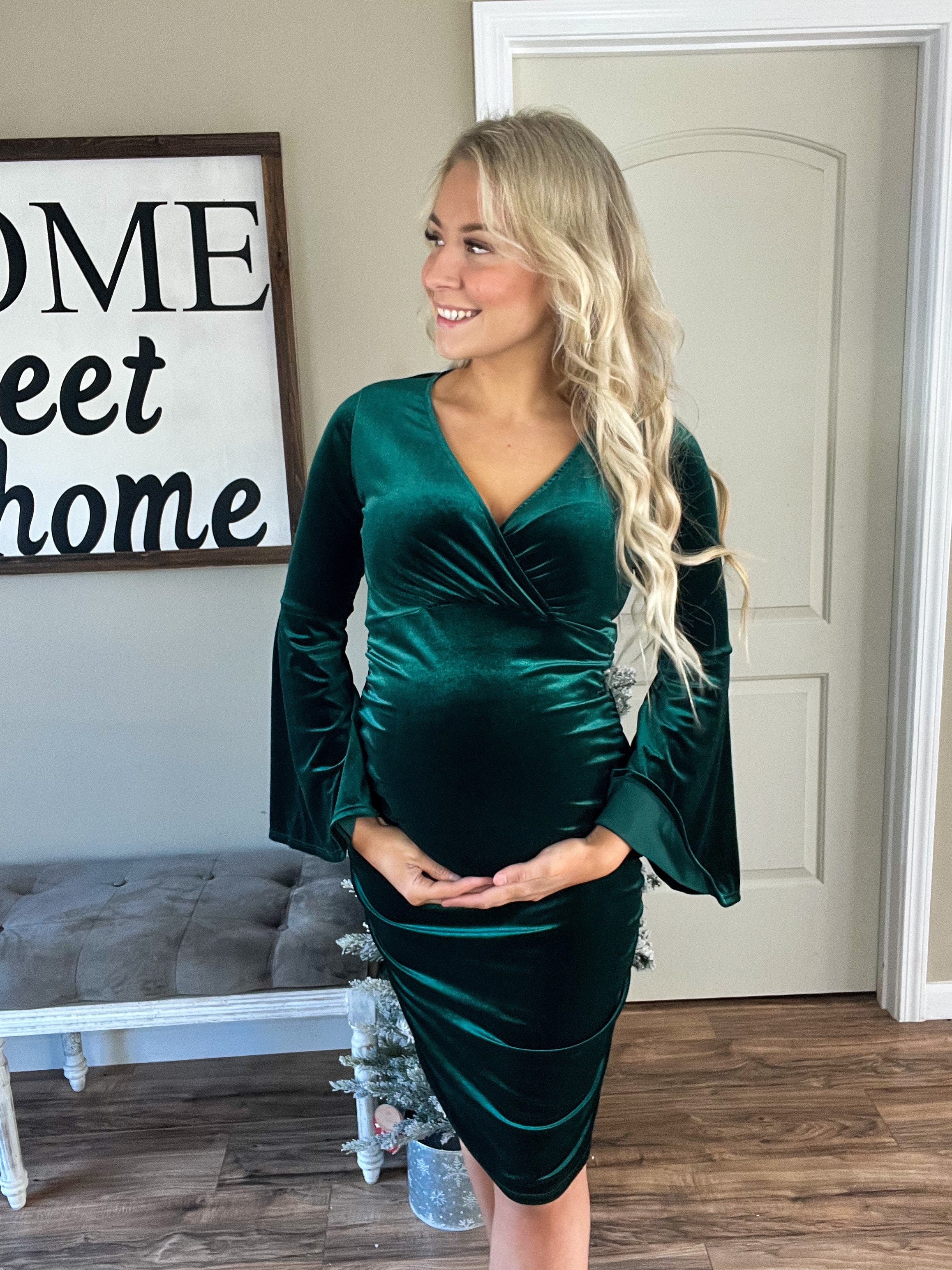 V-Neck Velvet Party Dress in Forest Green