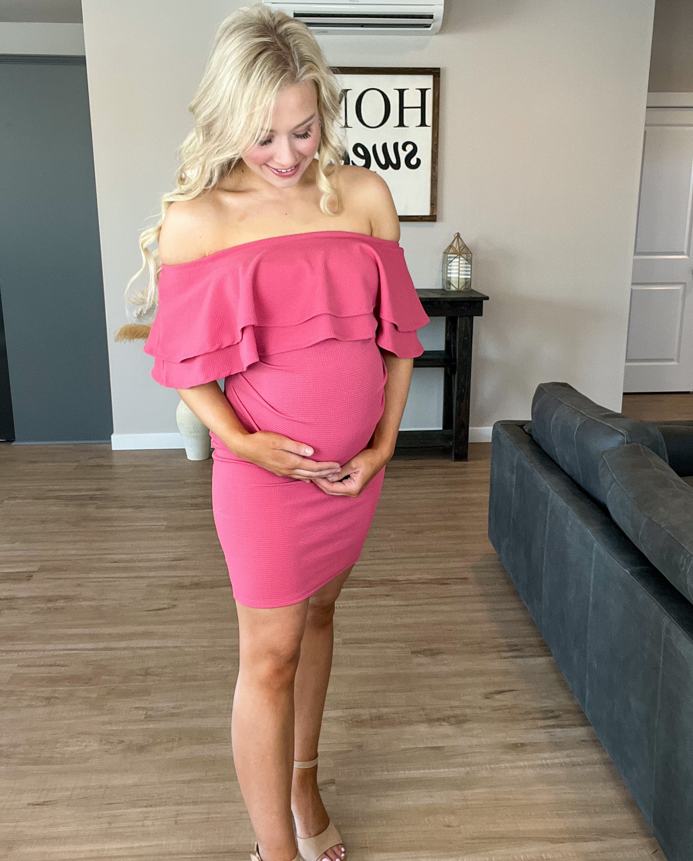 pink ruffle off the shoulder maternity dress Maternity Off Shoulder Tiered Ruffle Hem Tulle Evening Dress Elonnashop