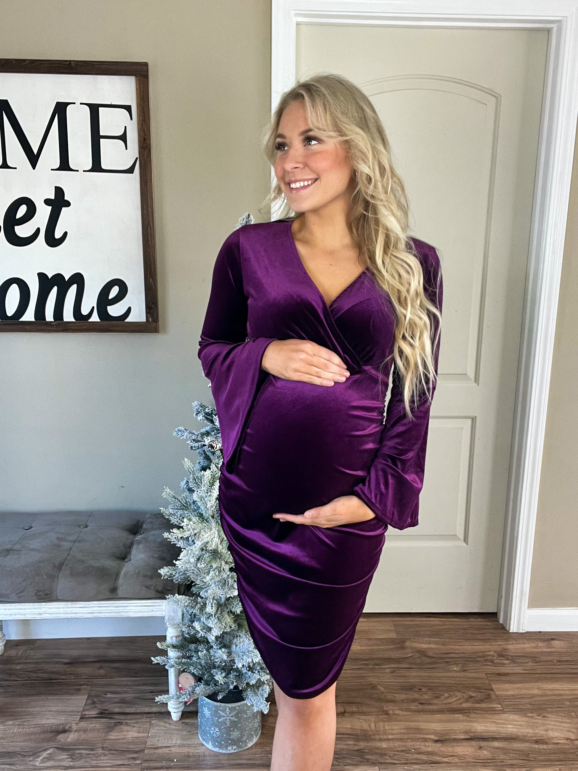 V-Neck Velvet Party Dress in Eggplant Rebel and Blush V-Neck Velvet Party Dress in Eggplant Rebel and Blush