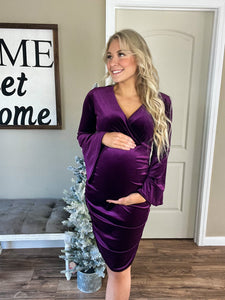 V-Neck Velvet Party Dress in Eggplant