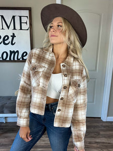 Camel Plaid Button Down Crop Shacket