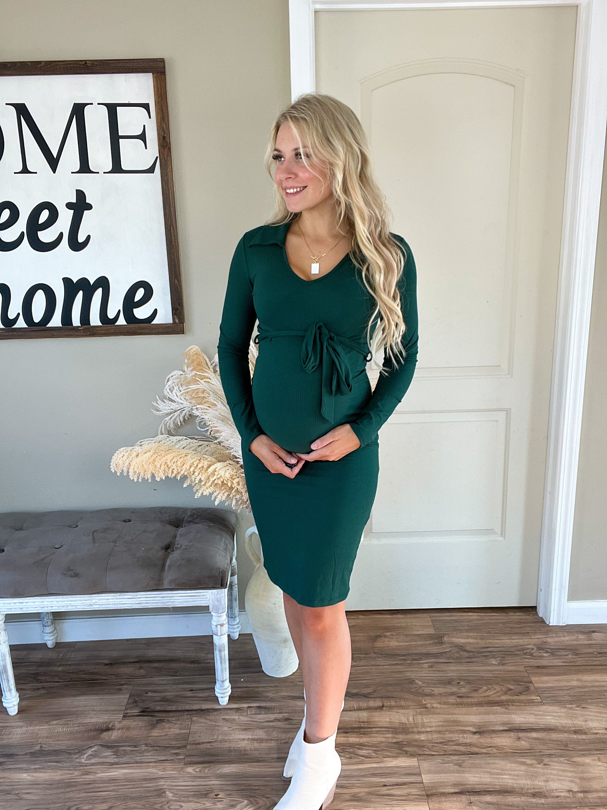 Emerald V Neck Maternity Dress With Belt