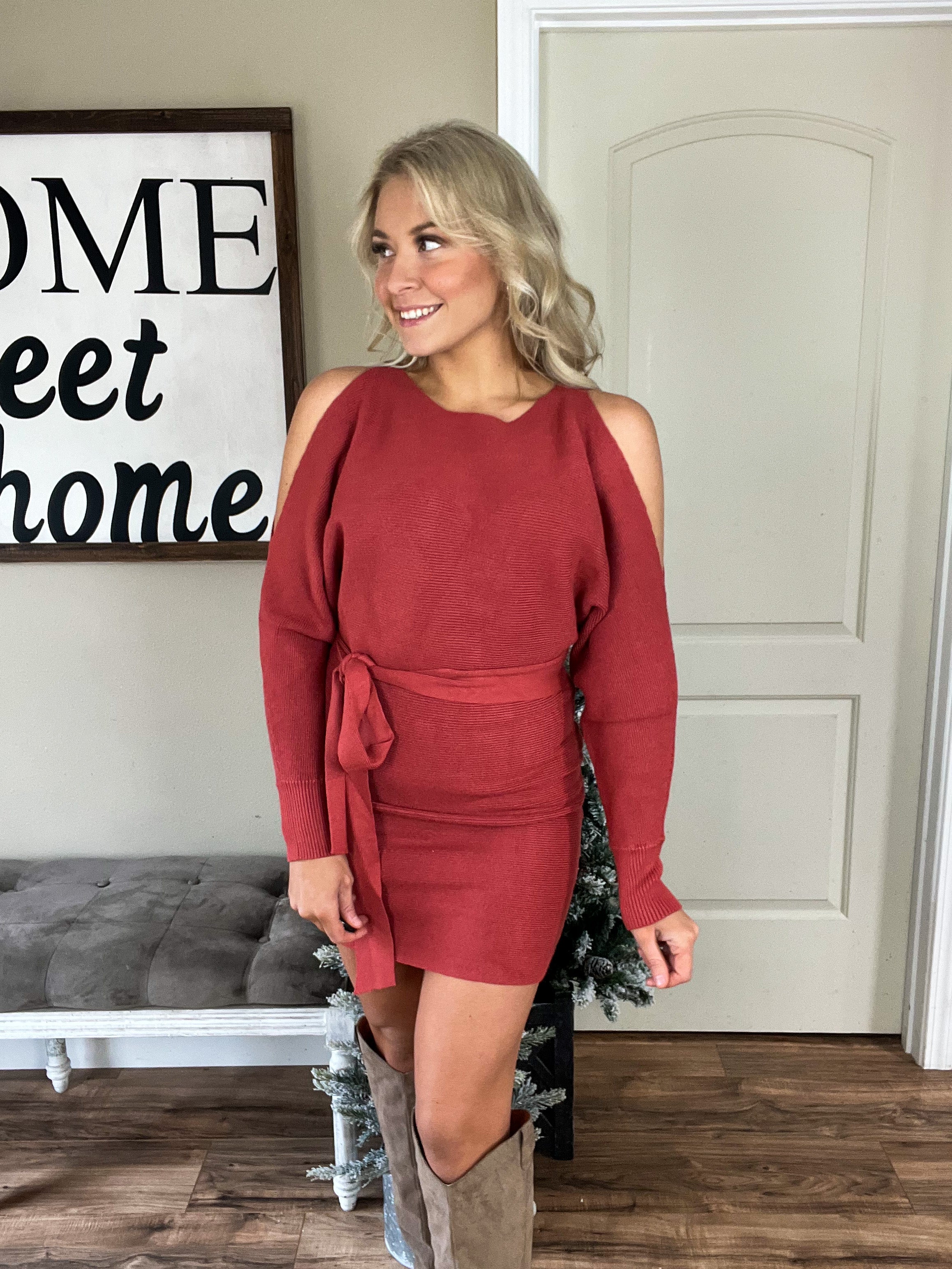 Cold Shoulder Knit Mini Dress in Terracotta Rose