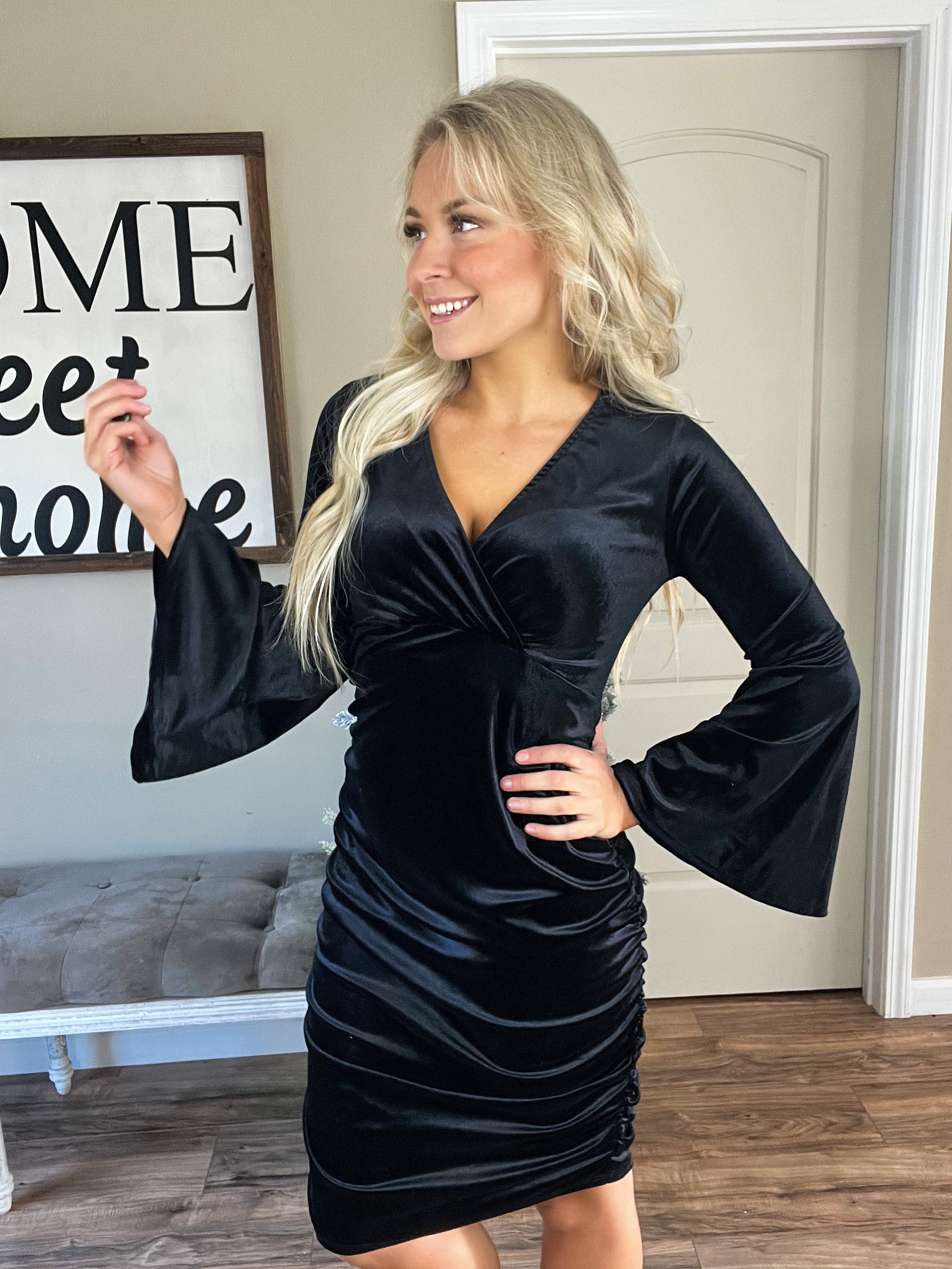 V-Neck Velvet Party Dress in Black Rebel and Blush V-Neck Velvet Party Dress in Black Rebel and Blush