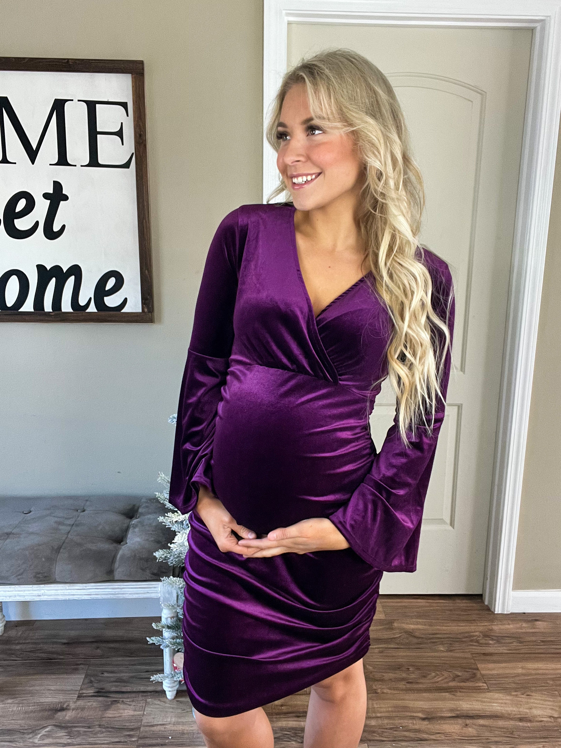 V-Neck Velvet Party Dress in Eggplant Rebel and Blush V-Neck Velvet Party Dress in Eggplant Rebel and Blush