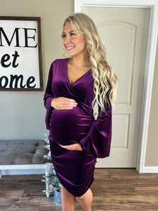 V-Neck Velvet Party Dress in Eggplant