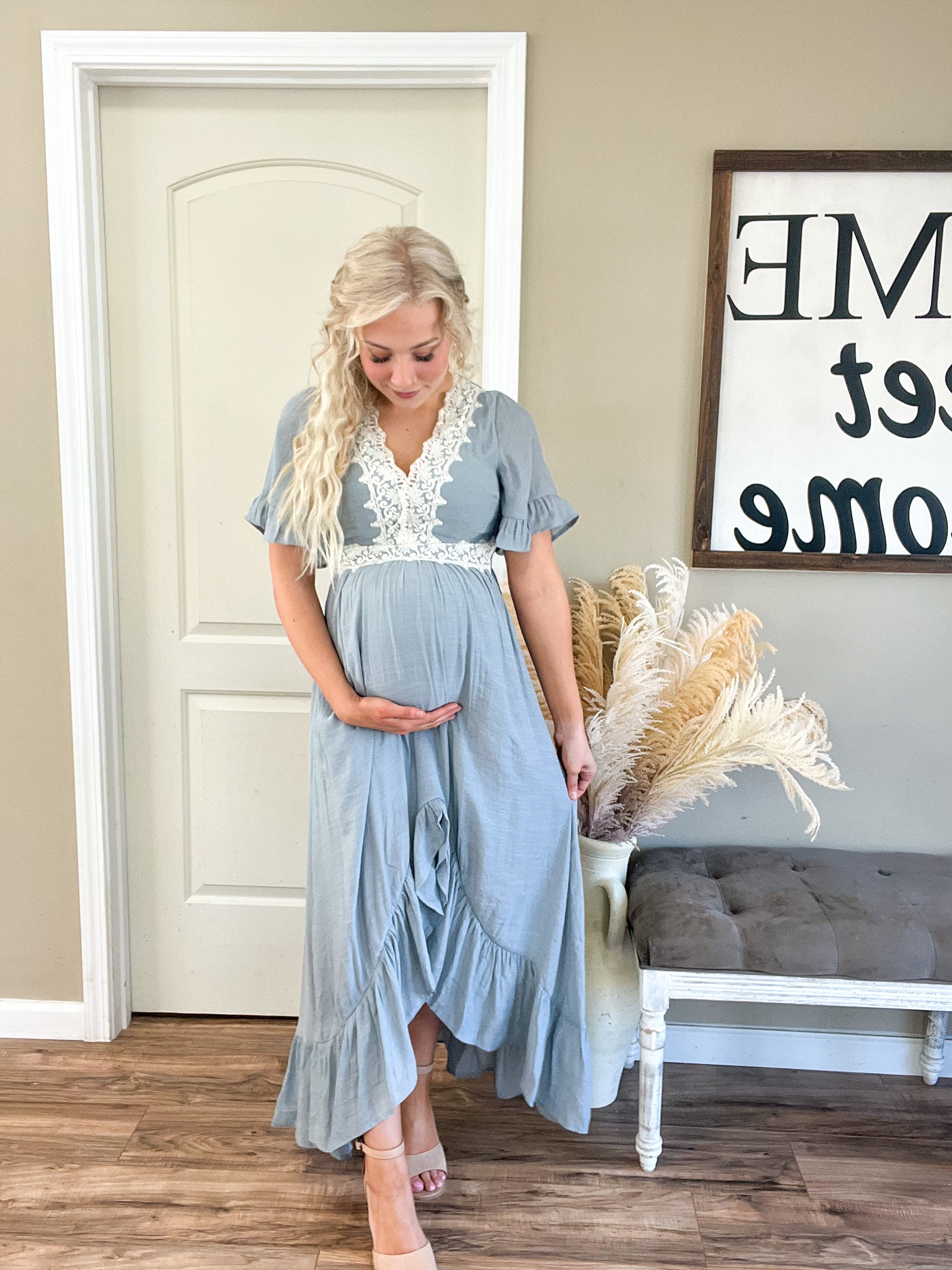 Lace Trim Hi-Low Dress in Cloud Blue